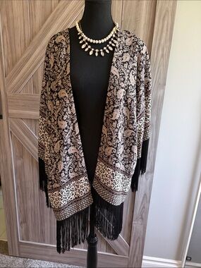 Boho Fringe Paisley Open Front Sweater - Black and Cream